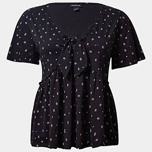 Torrid Black Babydoll Top Relaxed Tie Front Vintage Cotton Jersey Knit 3X - Picture 2 of 15